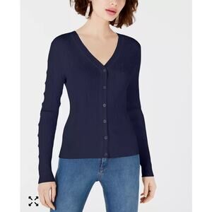 Maison Jules Blue Pointelle-Knit Cardigan Ribbed Navy Women's M Classic Capsule